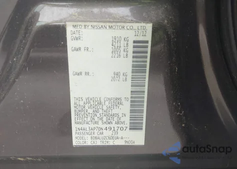 2013 Nissan Altima 2.5 Sv z USA, uszkodzony, nr VIN 1N4AL3AP7DN491707